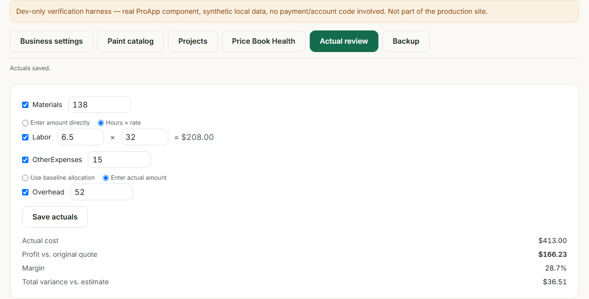 The Actual review tab with Materials, Labor, Other expenses, and Overhead all confirmed, showing Actual cost, Profit vs. original quote, Margin, and Total variance vs. estimate