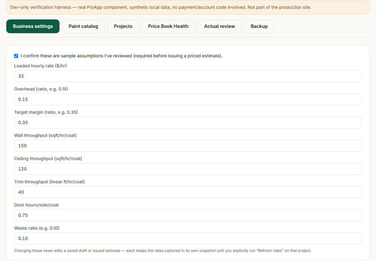 The Business settings tab, showing loaded hourly rate, overhead, target margin, and per-surface throughput fields
