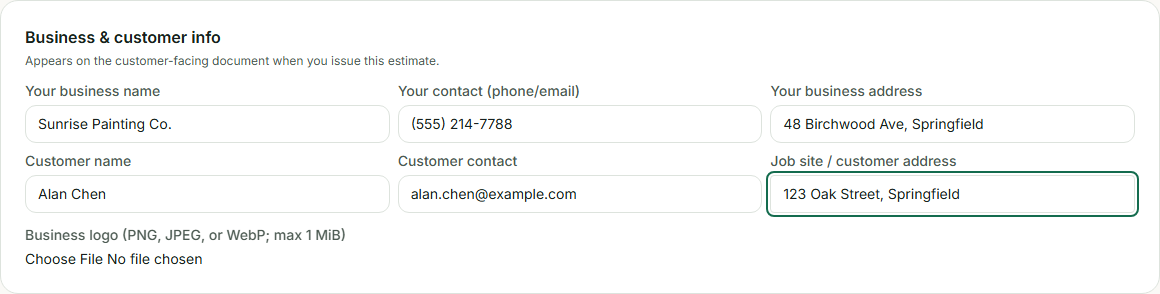 The Business & customer info card, filled in with a business name, contact, address, and the customer's name, contact, and job-site address
