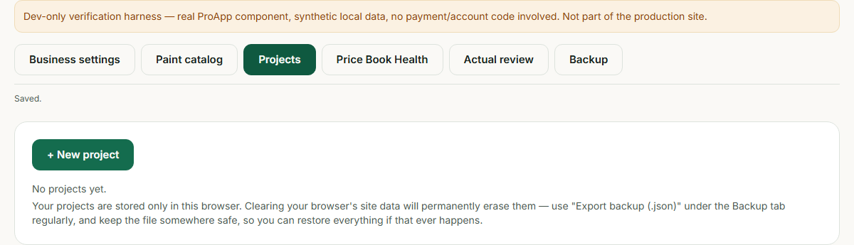 The empty Projects tab, showing the '+ New project' button and a note that project data is stored only in this browser