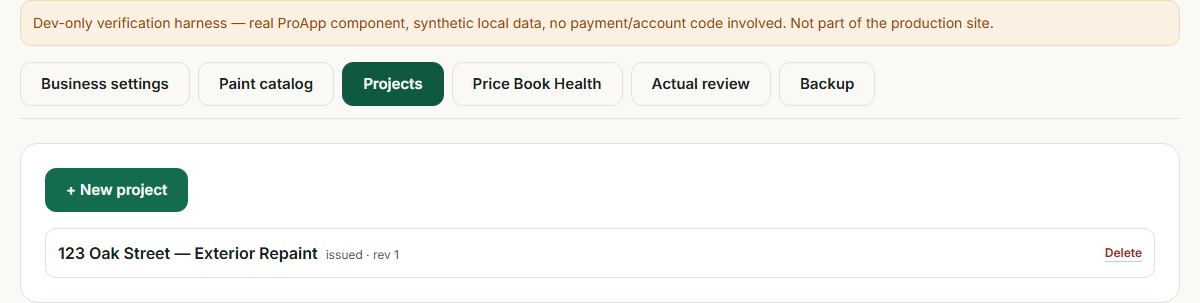 The Projects list showing one saved project, '123 Oak Street — Exterior Repaint', marked issued, revision 1